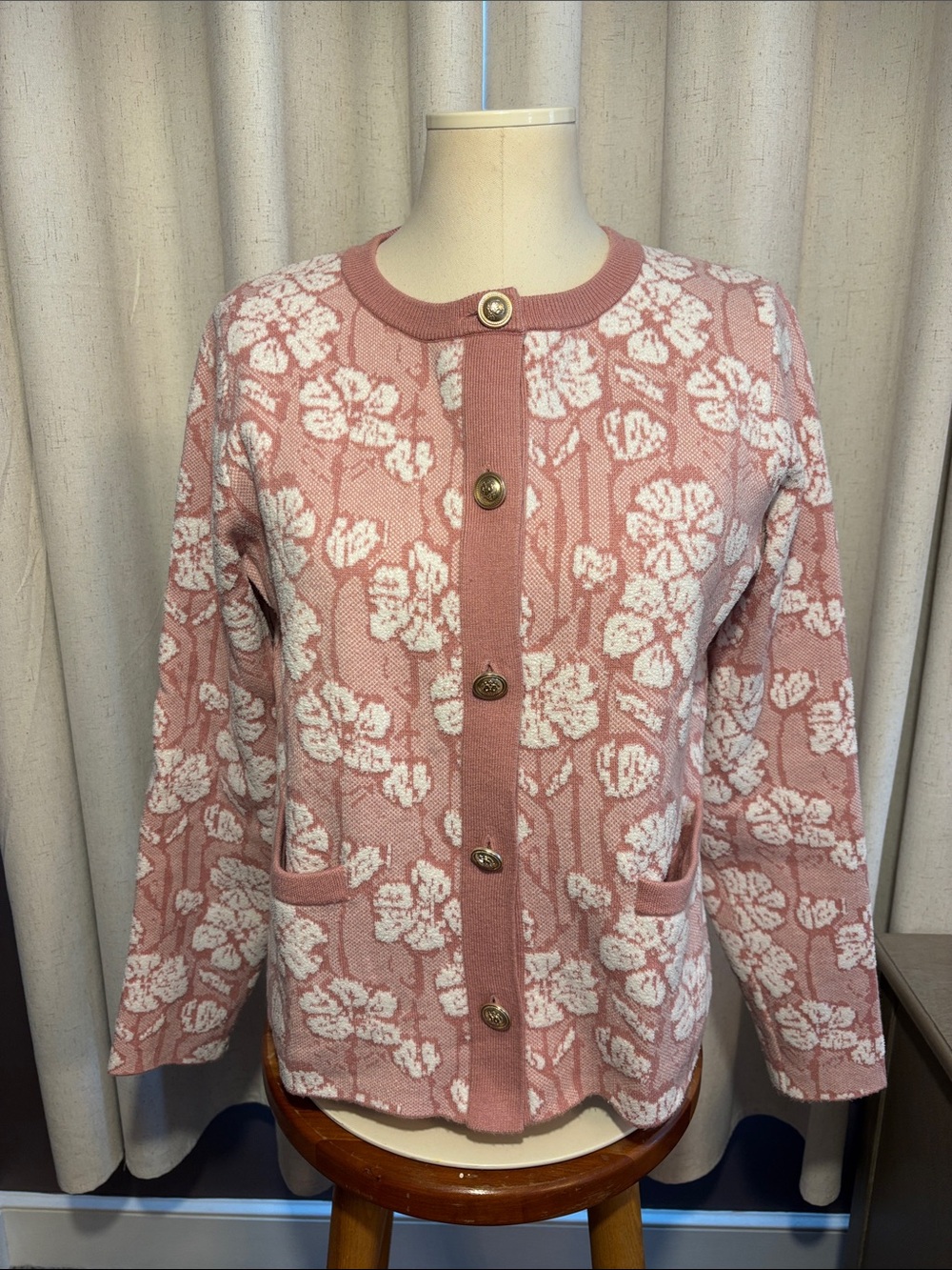 Cynthia Rowley Pink Floral Button Front Cardigan Sweater M